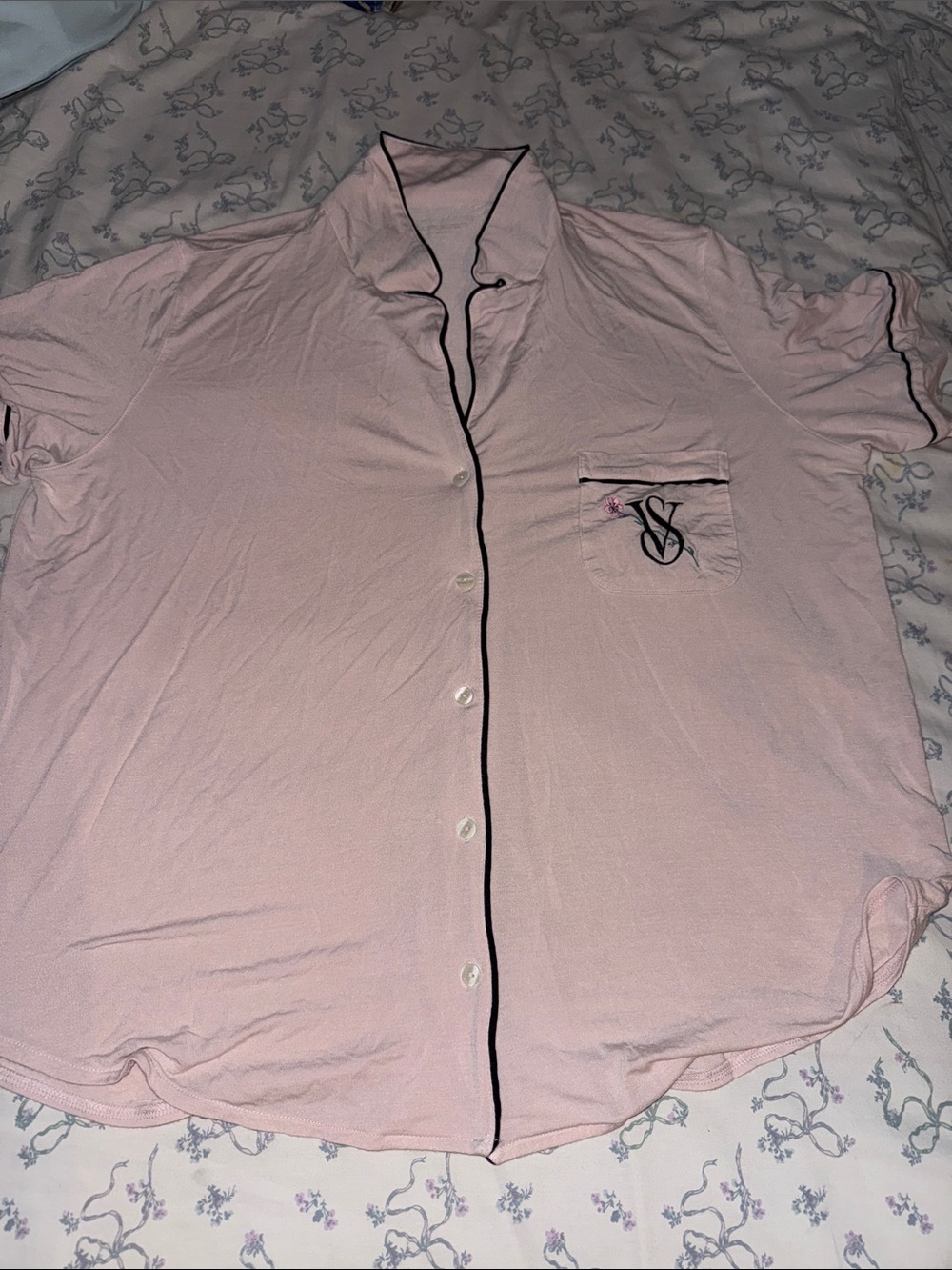 Victoria's Secret Light Pink Short-Sleeve Button Shirt with Black Trim